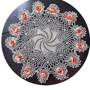 Vintage crochet handmade doily 3d flowers some flaws 70's home decor